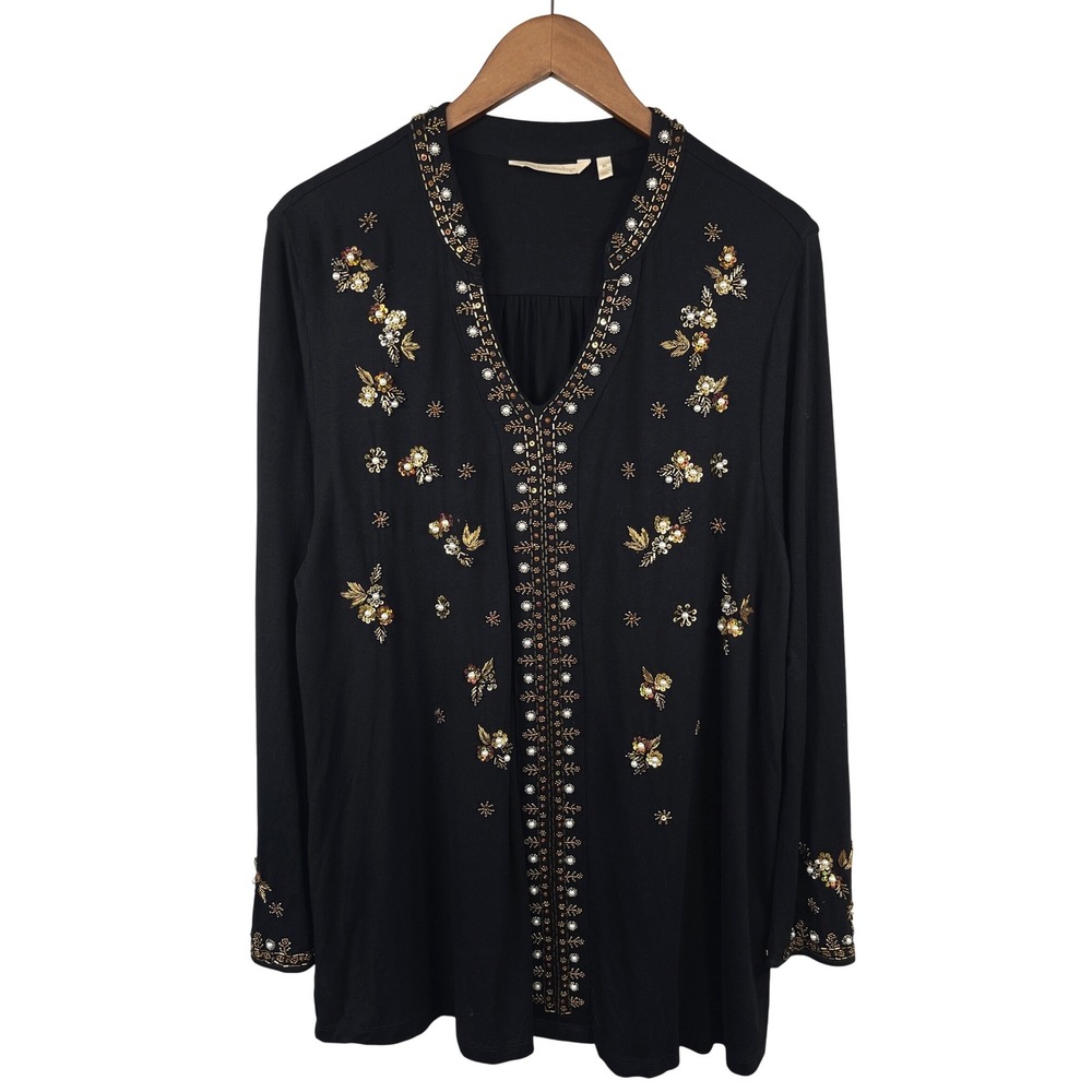 Soft Surroundings Womens Beaded Floral Tunic Top XL Black Evening Party Holidays